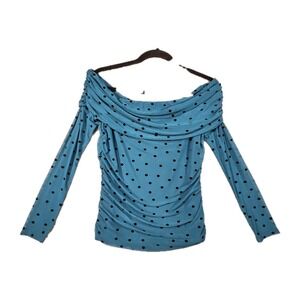 Bebe Off Shoulder Flocked Mesh Top L Teal Polka Dot Ruched Y2K Glamour Archive